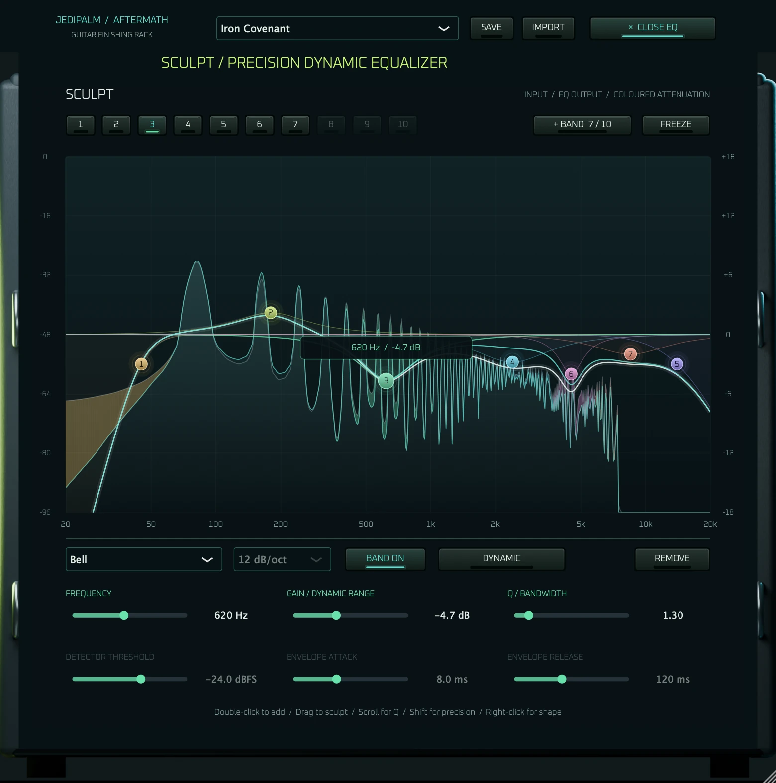 Aftermath’s expanded dynamic EQ with coloured bands, response curves and spectrum analysis