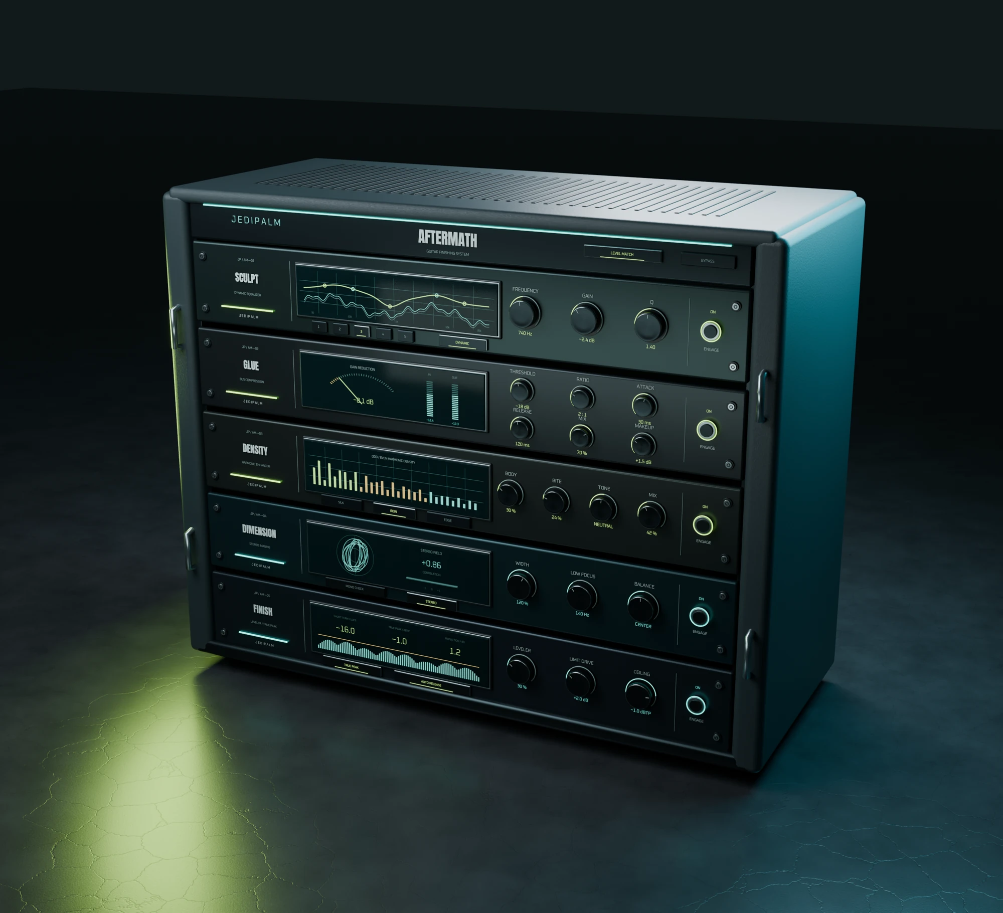 Aftermath rack artwork on slate in teal and lime studio lighting