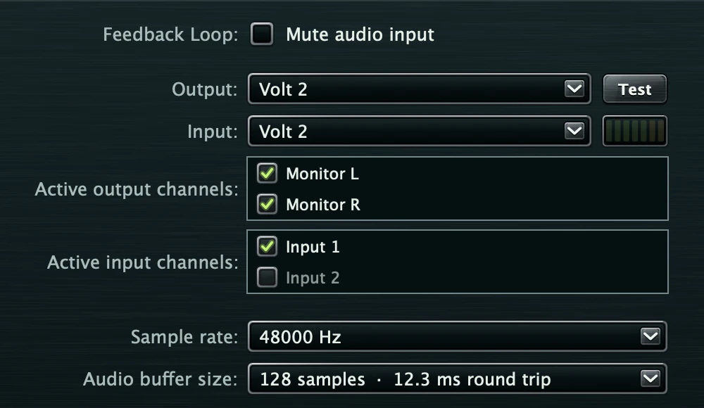 The Audio Setup window: Feedback Loop Mute audio input, Output and Input set to the interface, active output and input channels, sample rate 48000 Hz and buffer size 128 samples, 12.3 ms round trip