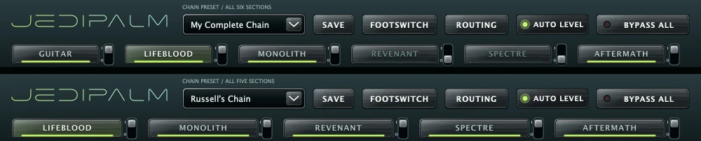 Two Complete Chain toolbars. Top, the Instrument: CHAIN PRESET / ALL SIX SECTIONS, with tabs GUITAR, LIFEBLOOD, MONOLITH, REVENANT, SPECTRE and AFTERMATH. Below, the effect and the standalone app: ALL FIVE SECTIONS, with the five plugin tabs and no GUITAR