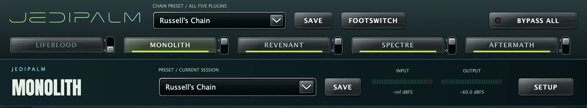 The Complete Chain toolbar: CHAIN PRESET / ALL FIVE PLUGINS menu with SAVE and FOOTSWITCH beside it and BYPASS ALL on the right; under the tabs, the Monolith section header with its own PRESET menu and SAVE