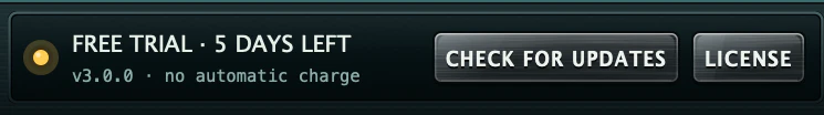 The Complete Chain status bar during a trial: FREE TRIAL, 5 DAYS LEFT, no automatic charge, with CHECK FOR UPDATES and LICENSE buttons