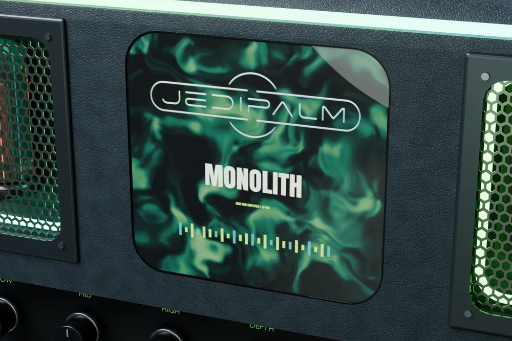 Close-up of the Monolith artwork display with the JediPalm logo