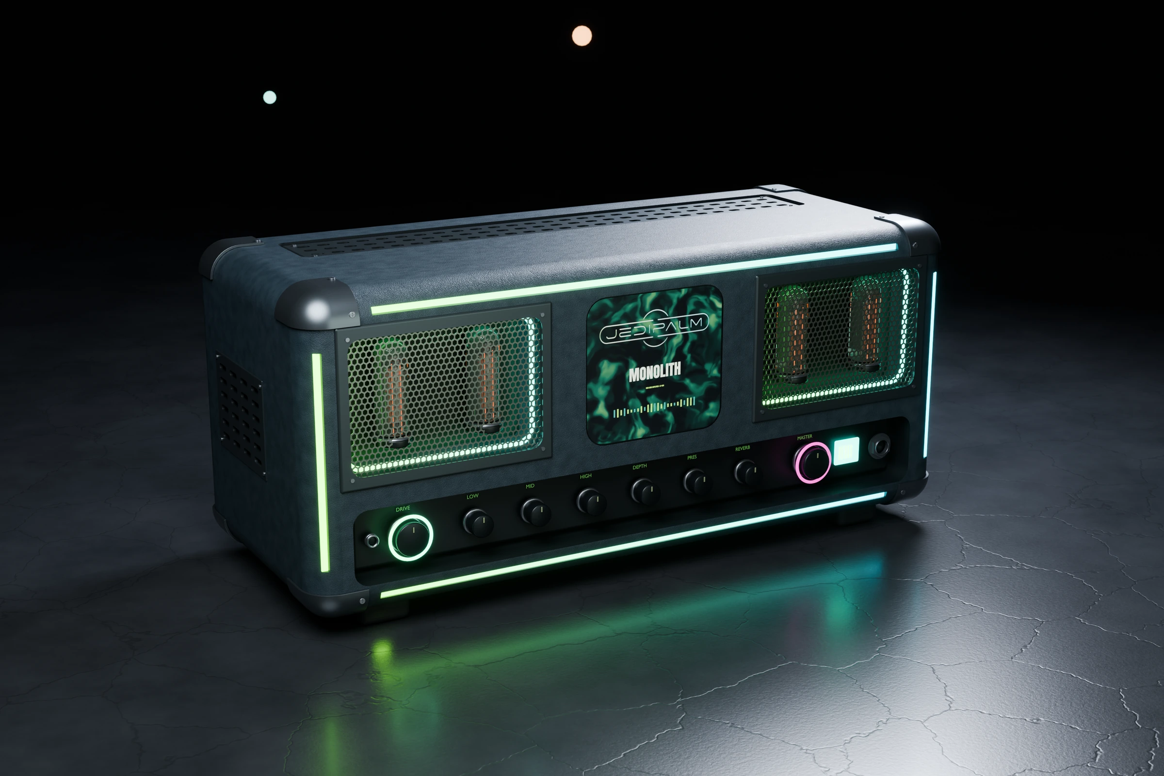 Rendered artwork for the JediPalm Monolith guitar plugin