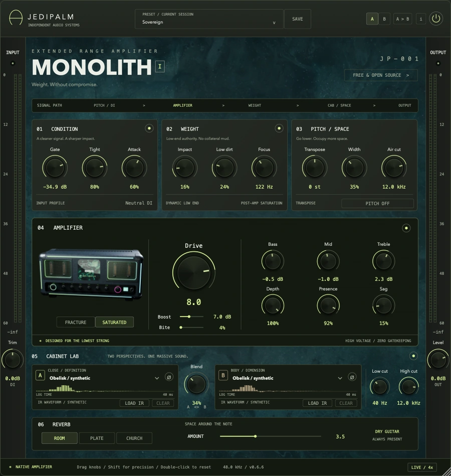 Actual Monolith plugin interface, with the rendered JediPalm amp, Sovereign preset, conditioning, weight, transpose, dual cabinets and reverb