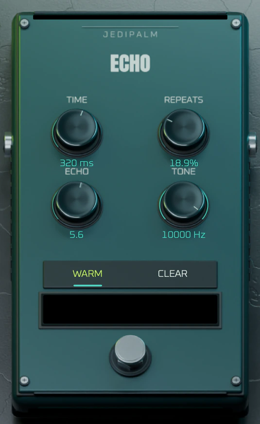 Lifeblood Echo pedal with Time, Repeats, Echo and Tone controls, Warm/Clear selection and repeat-history LCD