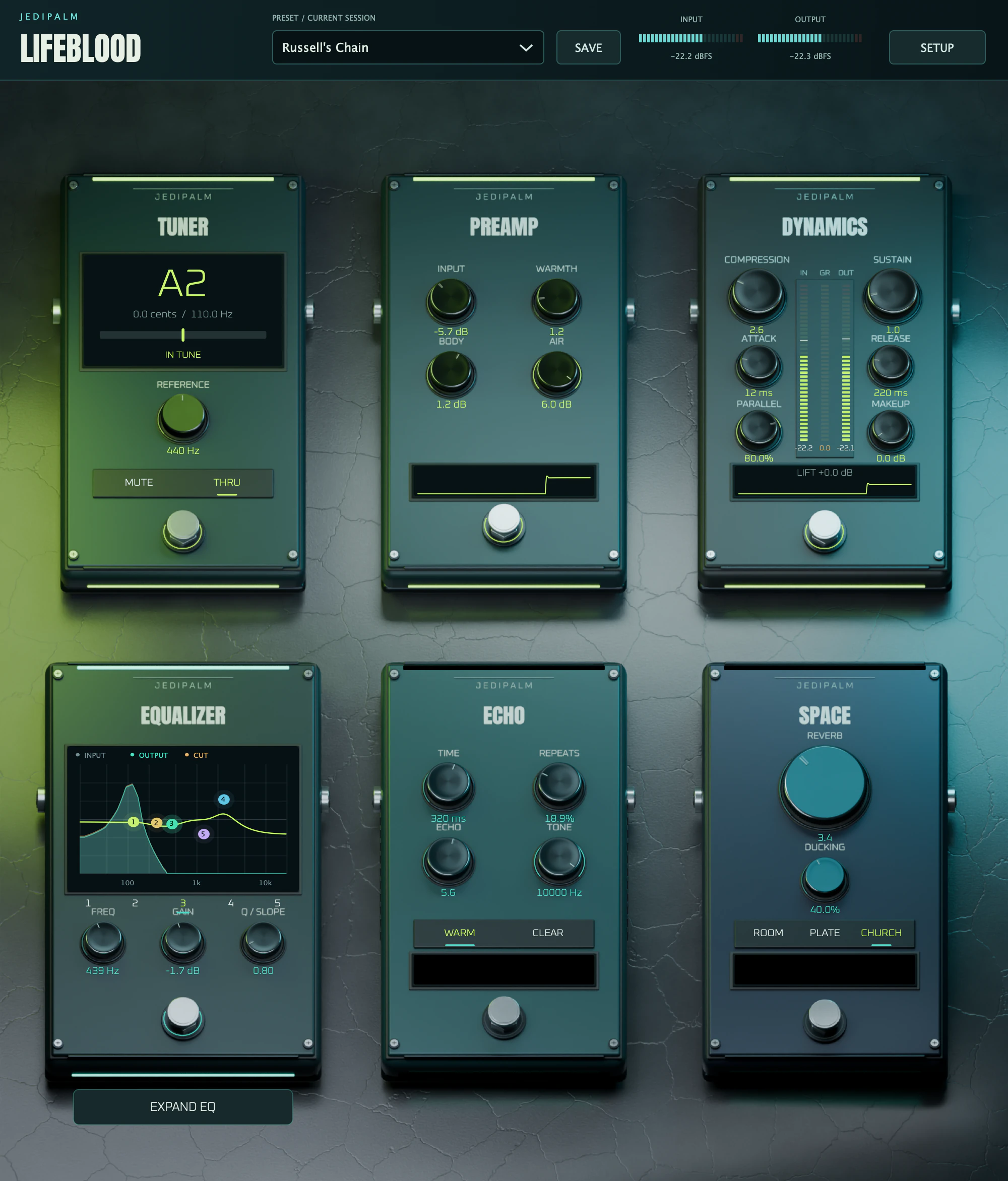 Latest Lifeblood interface: Tuner, Preamp, Dynamics, EQ, Echo and Space