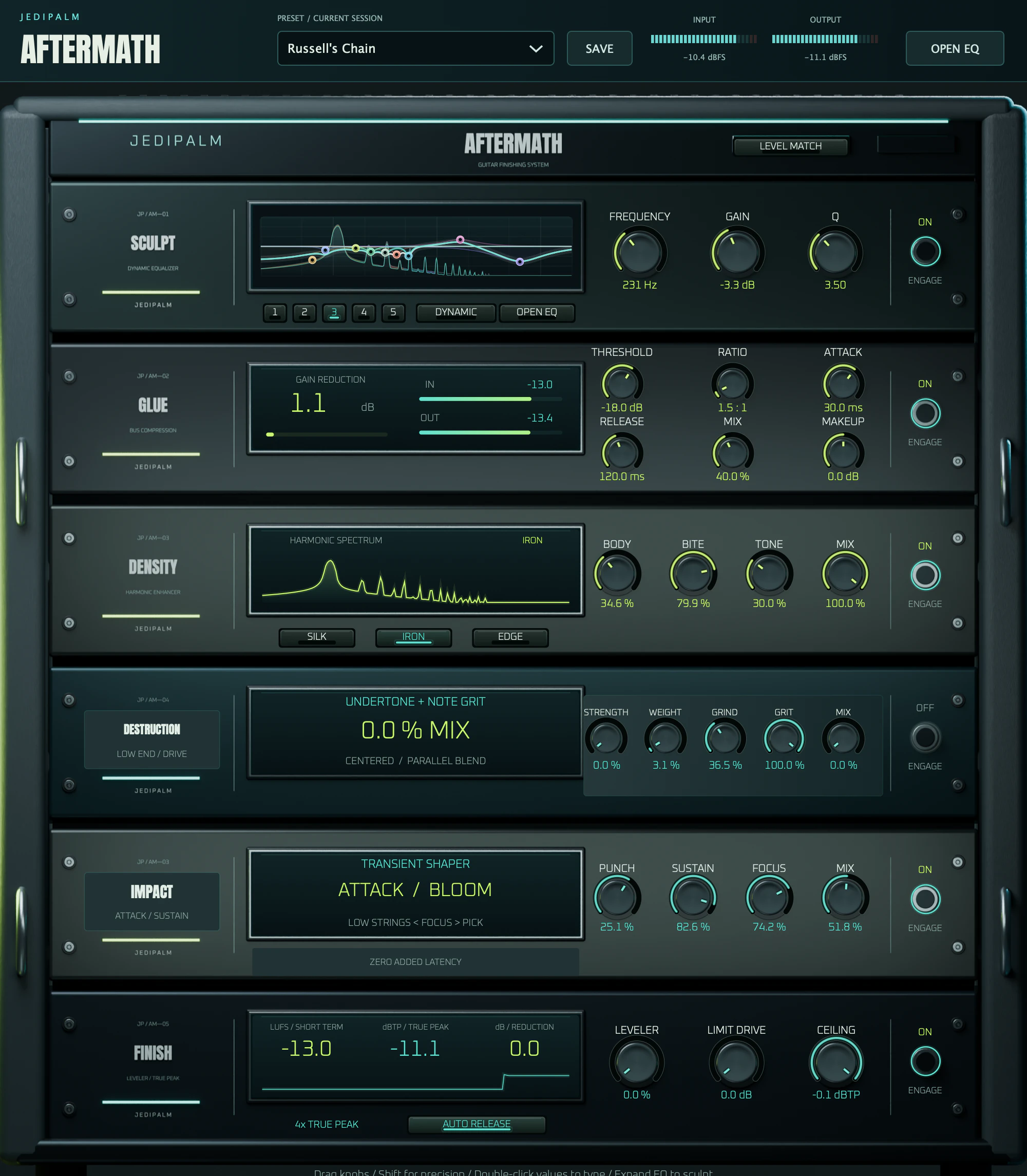 Actual Aftermath plugin showing Sculpt, Glue, Density, Destruction, Impact and Finish with live meters