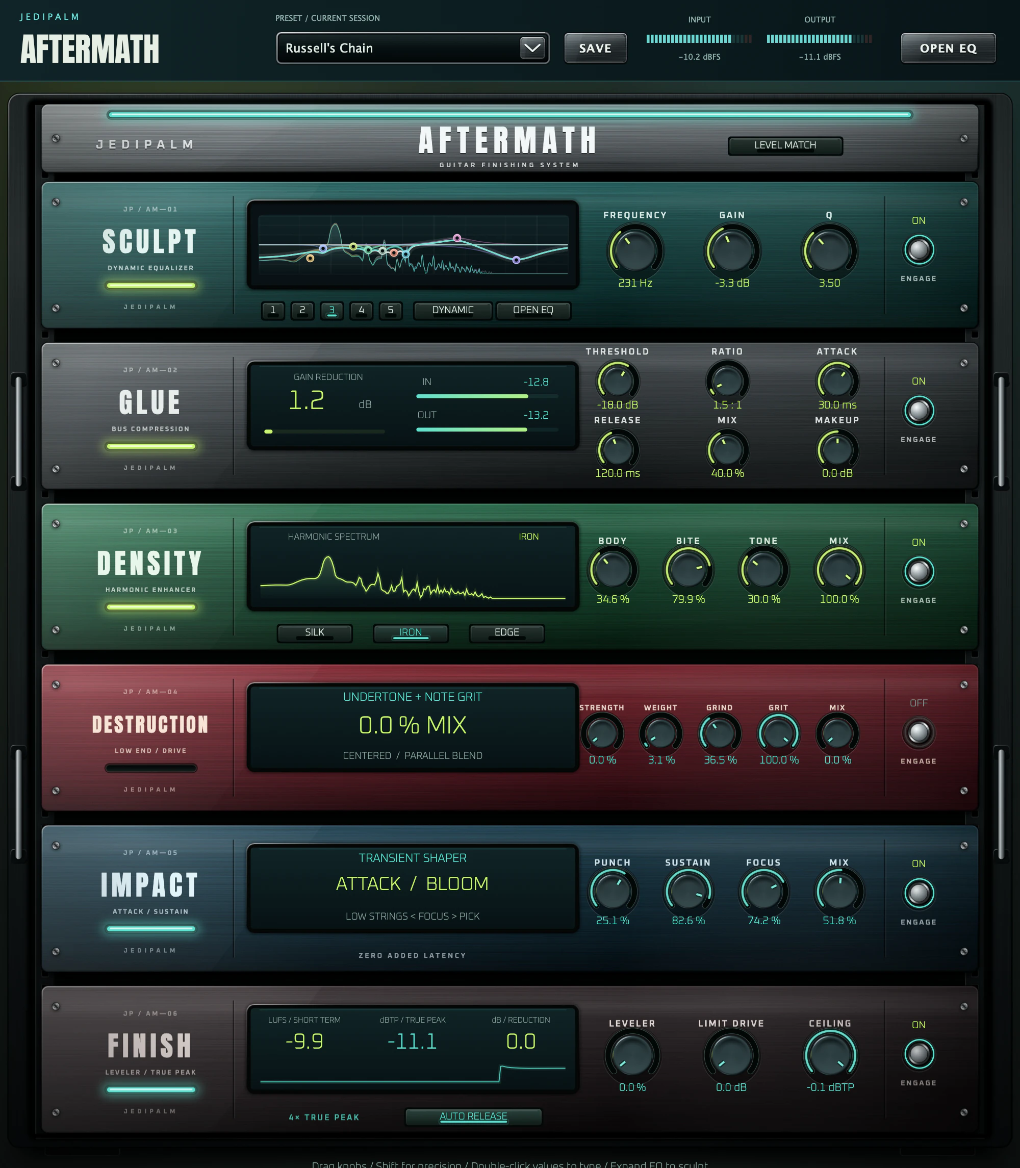 Actual Aftermath plugin showing Sculpt, Glue, Density, Destruction, Impact and Finish with live meters