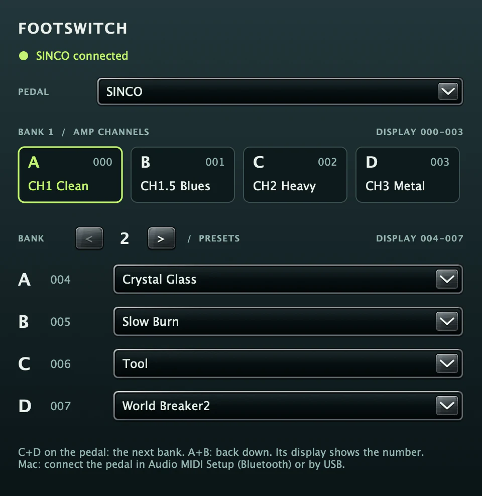The Complete Chain’s FOOTSWITCH panel: the pedal connected, bank 1’s four switches on Monolith’s channels from CH1 Clean to CH3 Metal, and a saved chain on each switch of bank 2