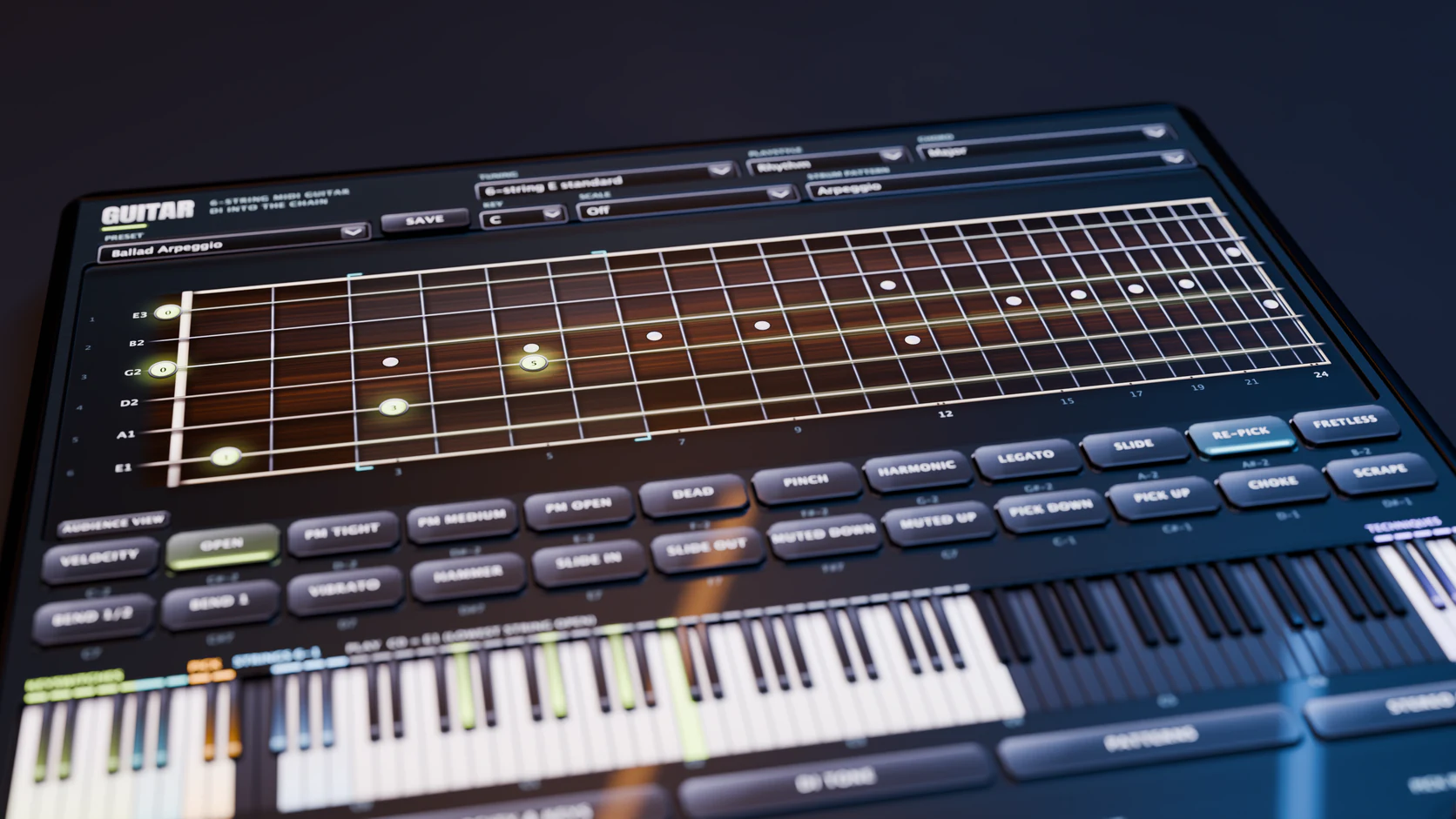 Close on the GUITAR fretboard: six notes of a chord lit on their strings and frets, the steel articulation keys and the keyboard below