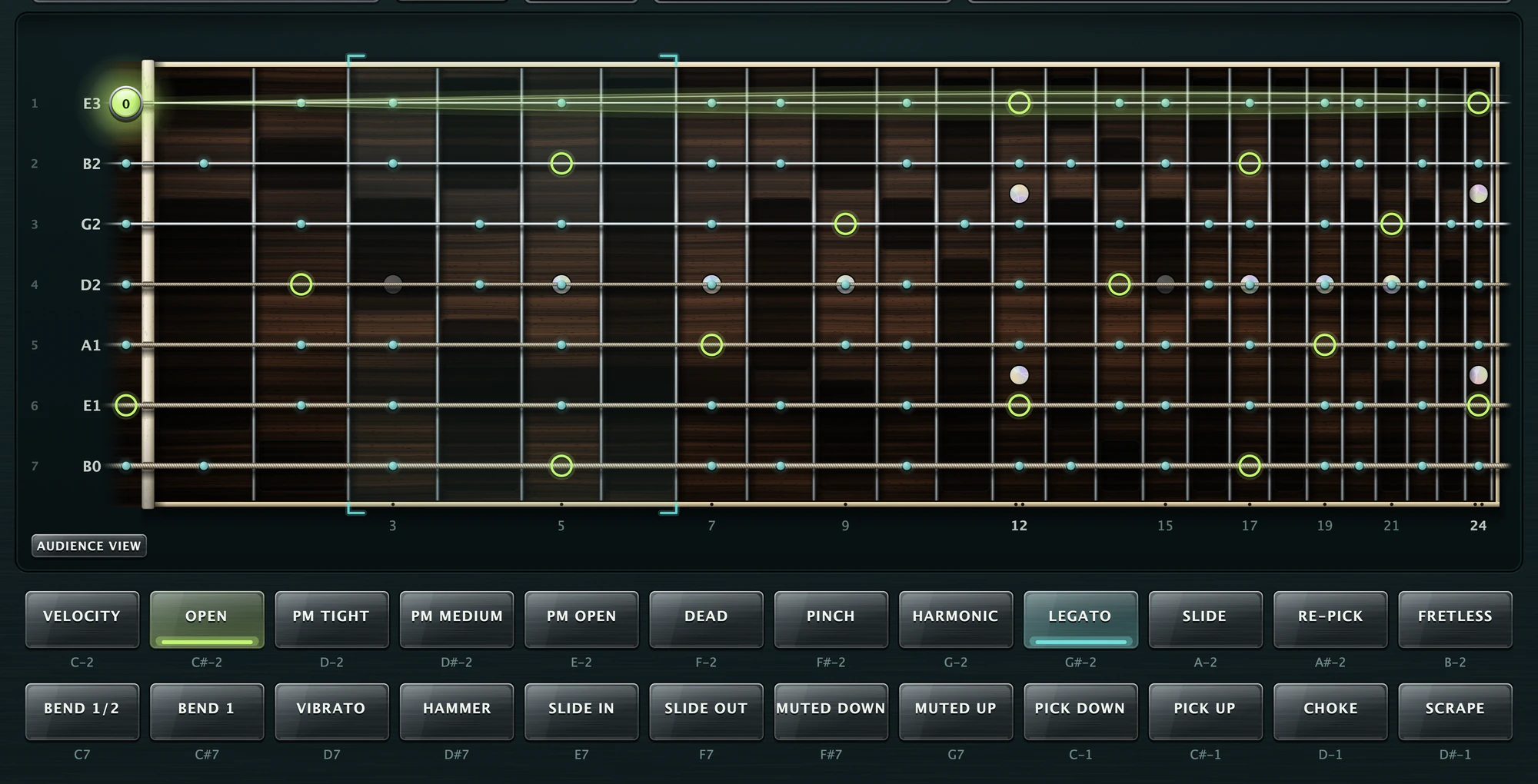 The GUITAR neck with E natural minor marked on every string, the open high E ringing, and the two rows of articulation and technique keys