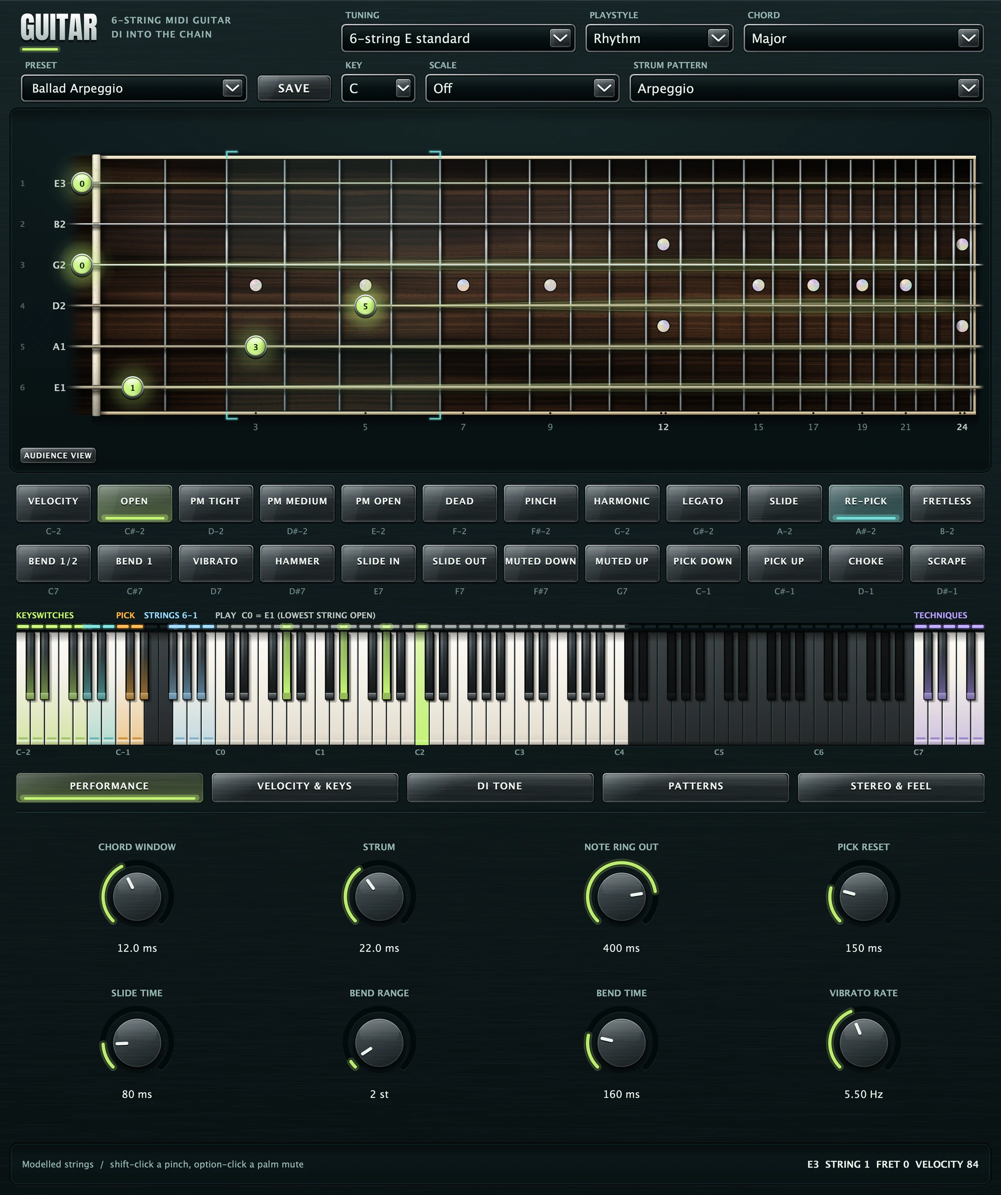 The GUITAR tab: the tuning, playstyle, chord, key, scale and strum menus, the fretboard with a chord ringing, the articulation and technique keys, the keyboard and the PERFORMANCE page's eight knobs