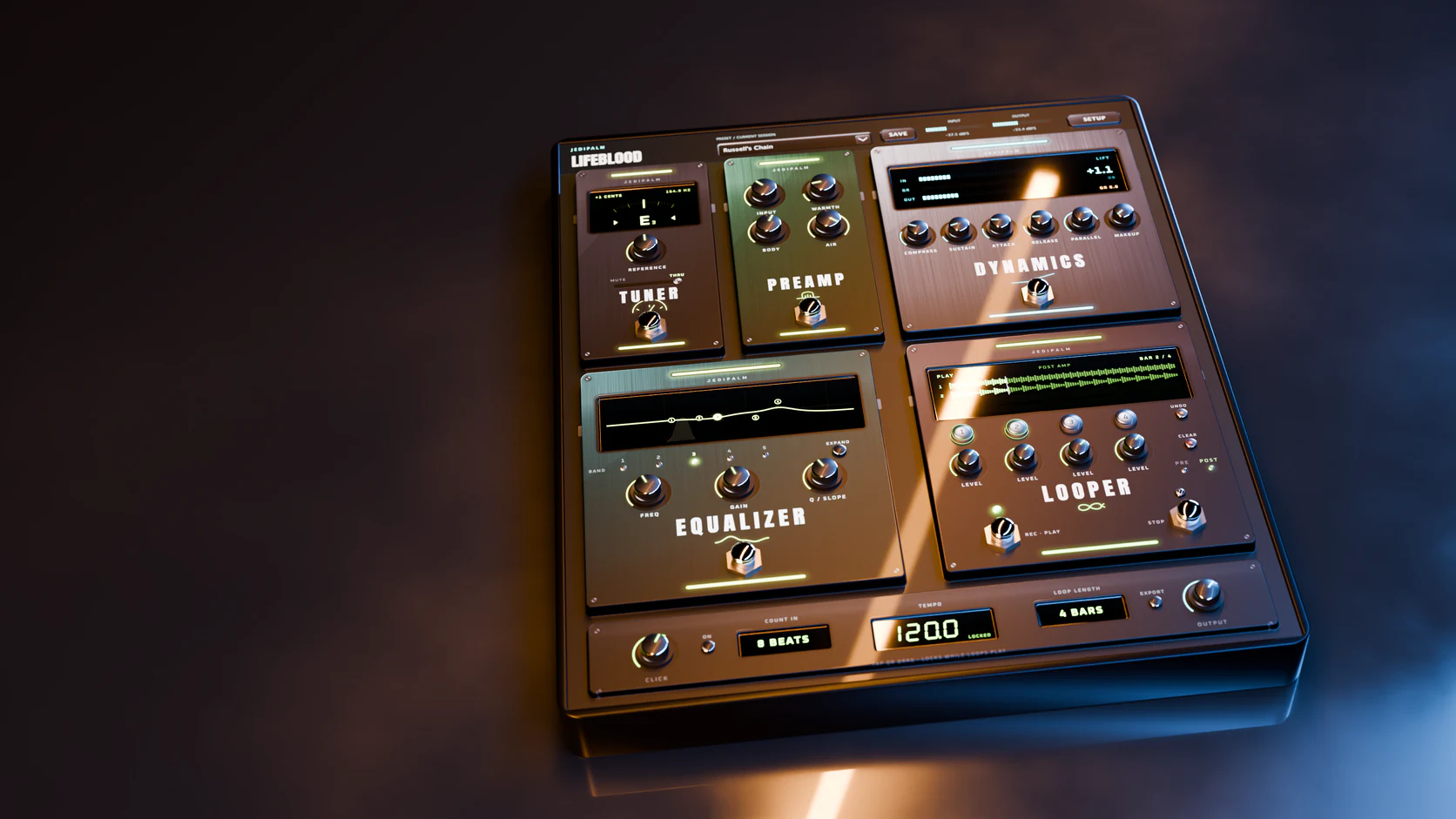 The five Lifeblood pedals, Tuner, Preamp, Dynamics, Equalizer and Looper, with two loops playing, on a dark wet floor under orange and blue LED light