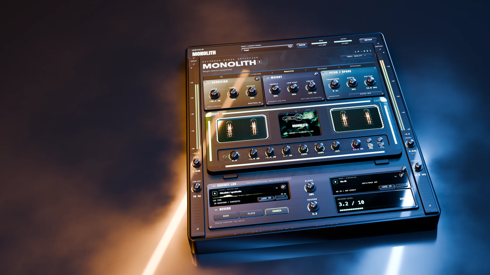 Monolith, the amp head with its glowing tubes, Condition, Weight, Pitch / Space, Cabinet Lab and Reverb, on a dark wet floor under orange and blue LED light