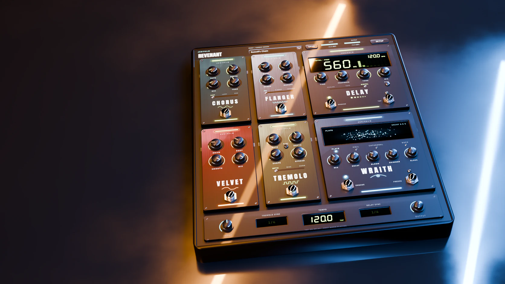 The six Revenant pedals, Chorus, Flanger, Delay, Velvet, Tremolo and Wraith, on a dark wet floor under orange and blue LED light