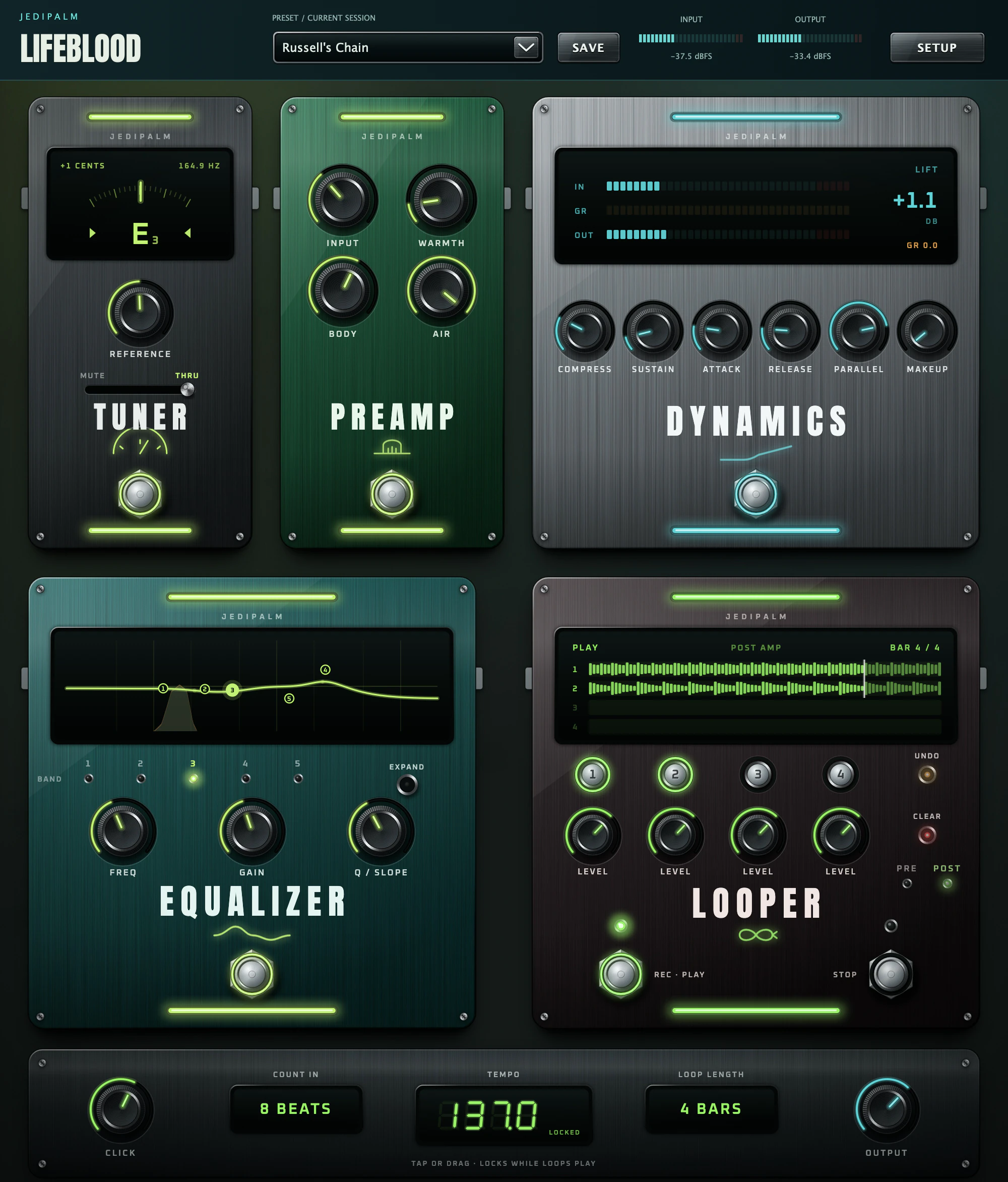 Lifeblood 3.0 interface: Tuner, Preamp, Dynamics, Equalizer and Looper, with two loops playing