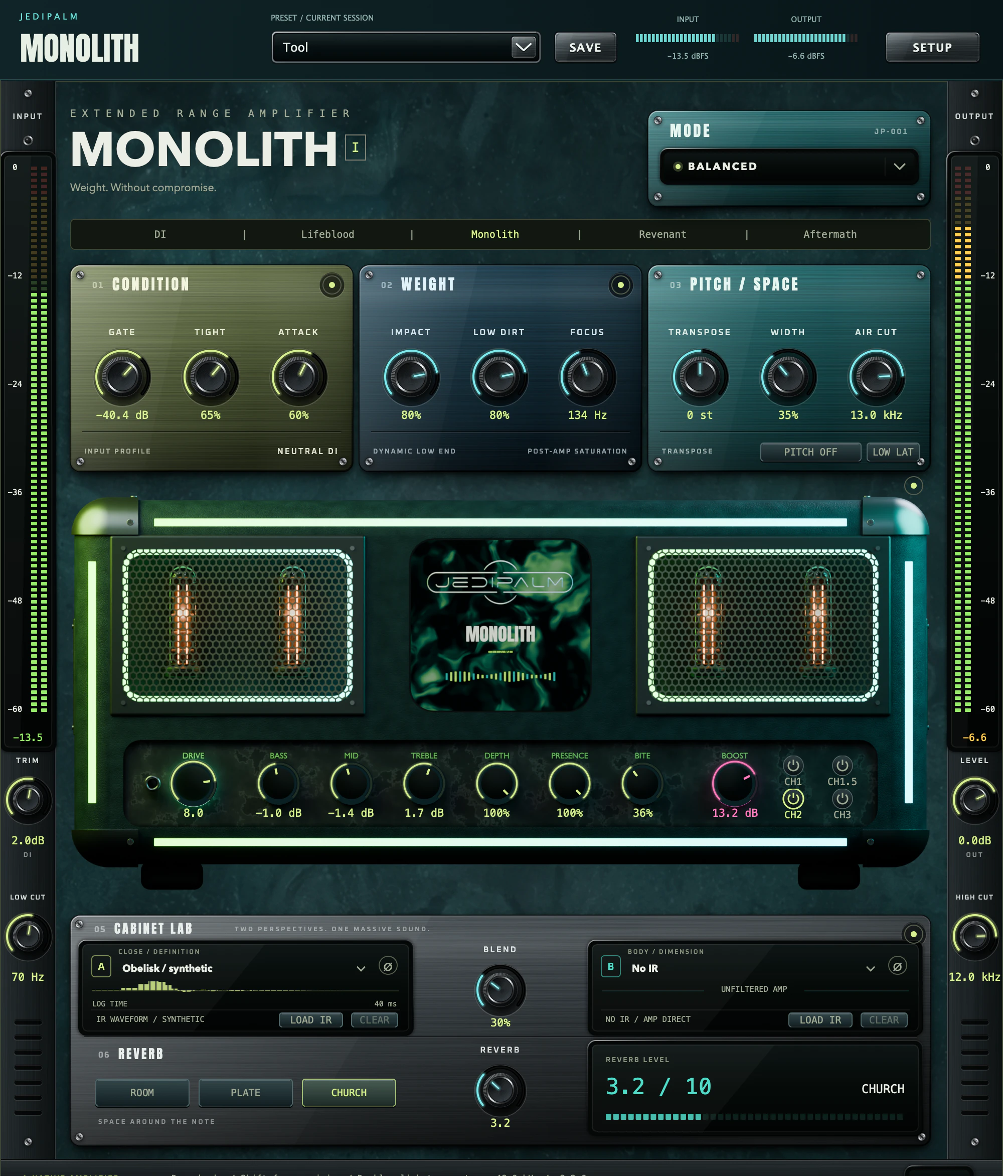Actual Monolith plugin interface, with the rendered JediPalm amp, dual cabinets, transpose and reverb
