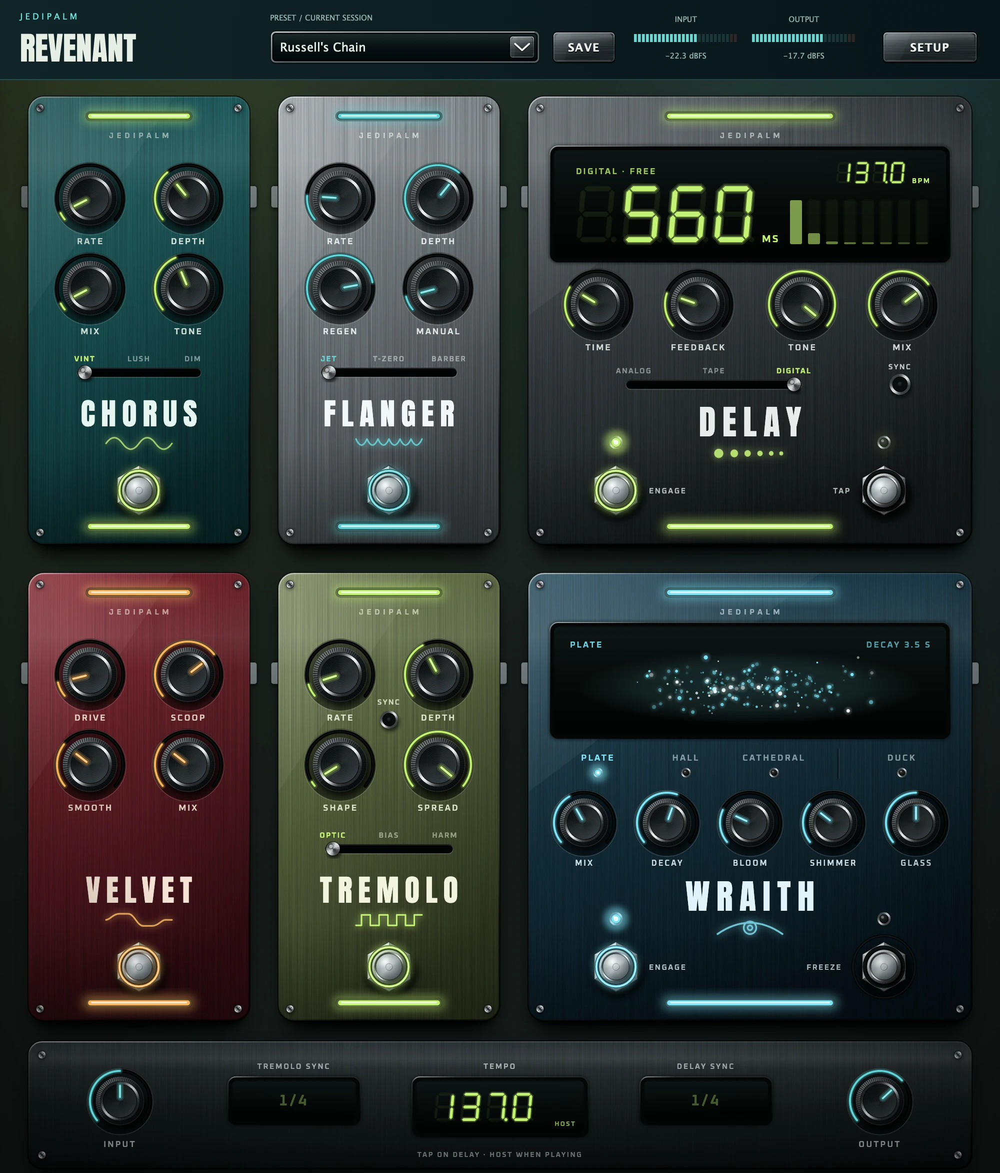 Revenant interface: Chorus, Flanger, Delay, Velvet distortion, Tremolo and the Wraith reverb