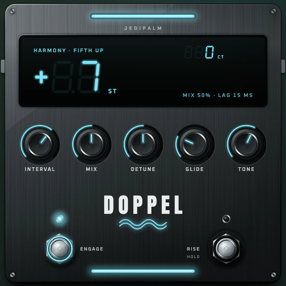 Spectre DOPPEL pedal close-up: its screen showing the interval in semitones, Interval, Mix, Detune, Glide and Tone knobs, and the Engage and Rise footswitches