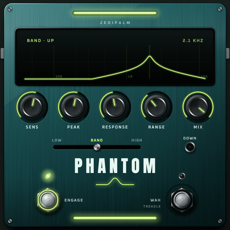 Spectre PHANTOM pedal close-up: its screen drawing the filter curve, Sens, Peak, Response, Range and Mix knobs, the Low, Band and High switch, Down, and the Engage and Wah footswitches